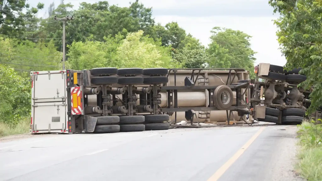 Overturned truck blocking lanes on a highway.
